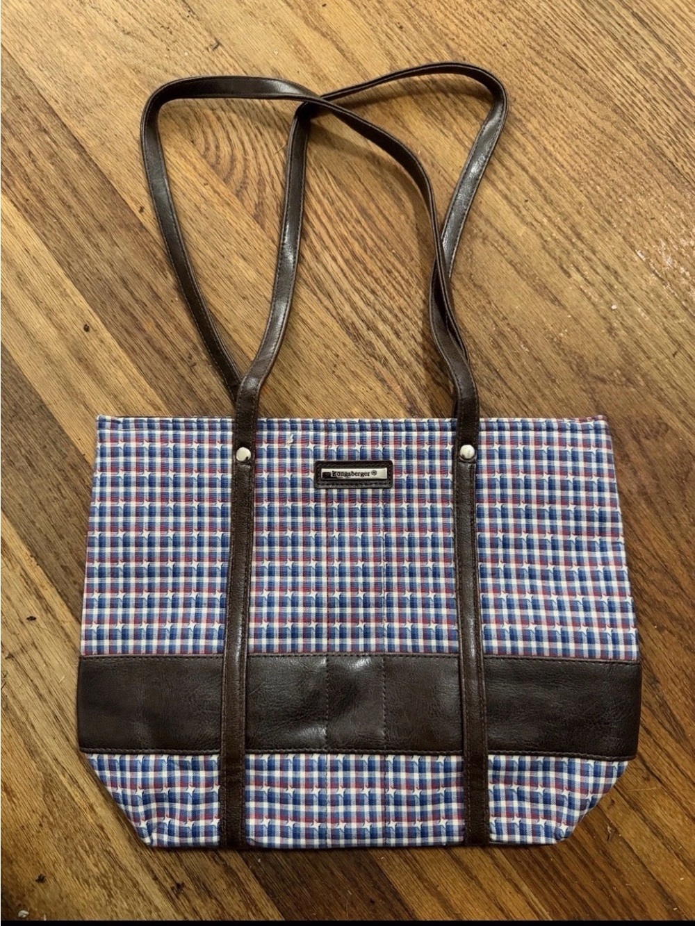 Longaberger Blue Red White Plaid Tote with Brown Trim